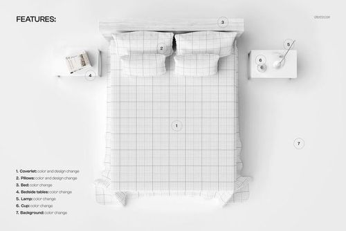 Top view of a plain bed coverlet mockup on a double bed with two pillows, bedside tables, and minimal decor.
