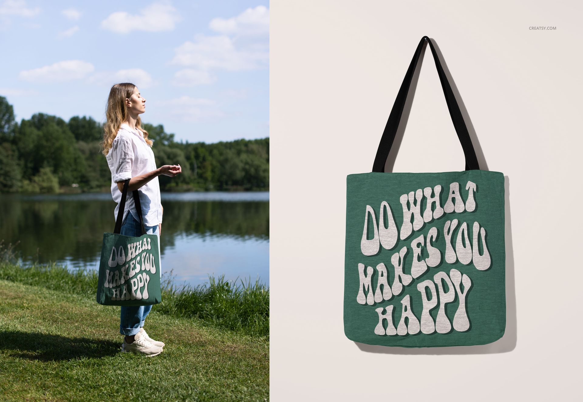 Woven tote bag mockup featuring a green fabric, black straps, and large white lettering, displayed in two settings.