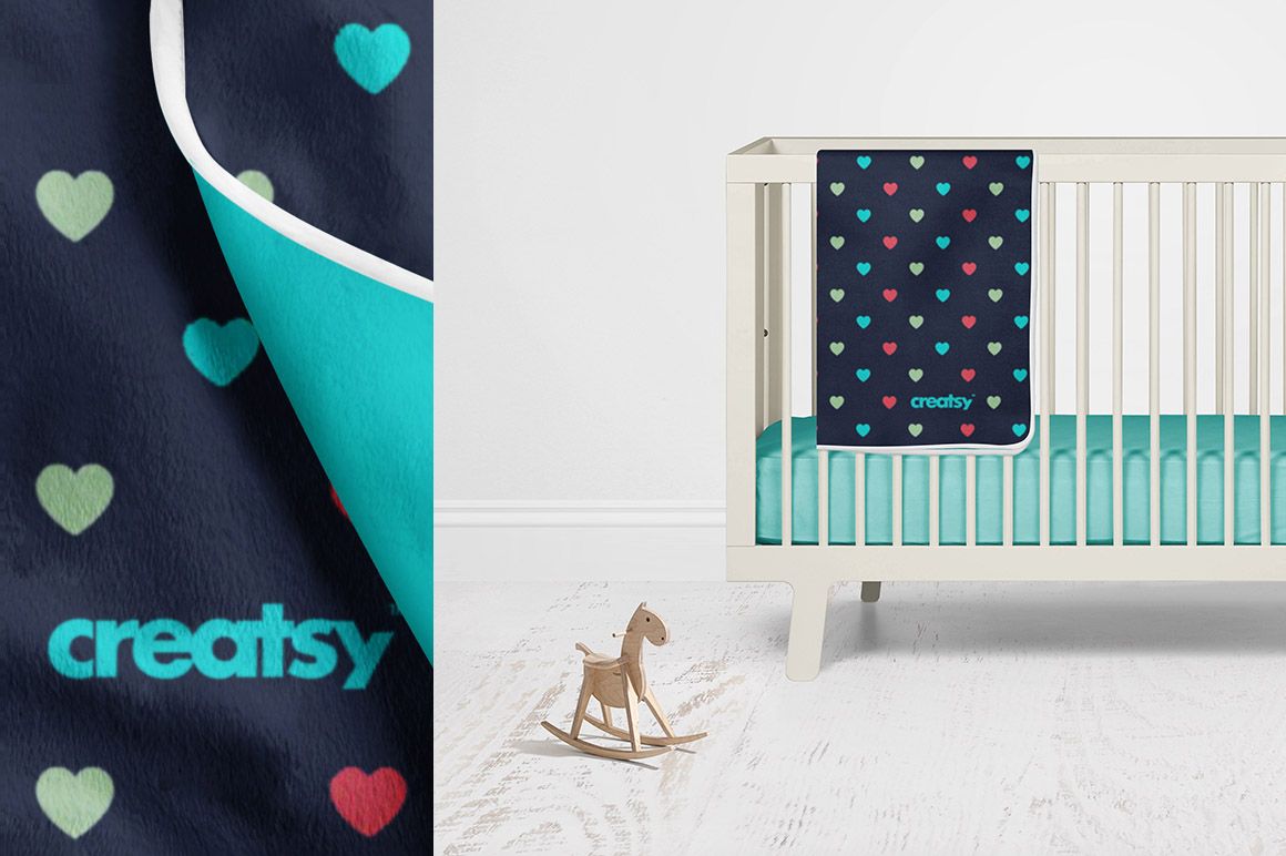 PSD mockup of a kids fleece blanket with heart design, turquoise underside, and nursery scene with a rocking horse.