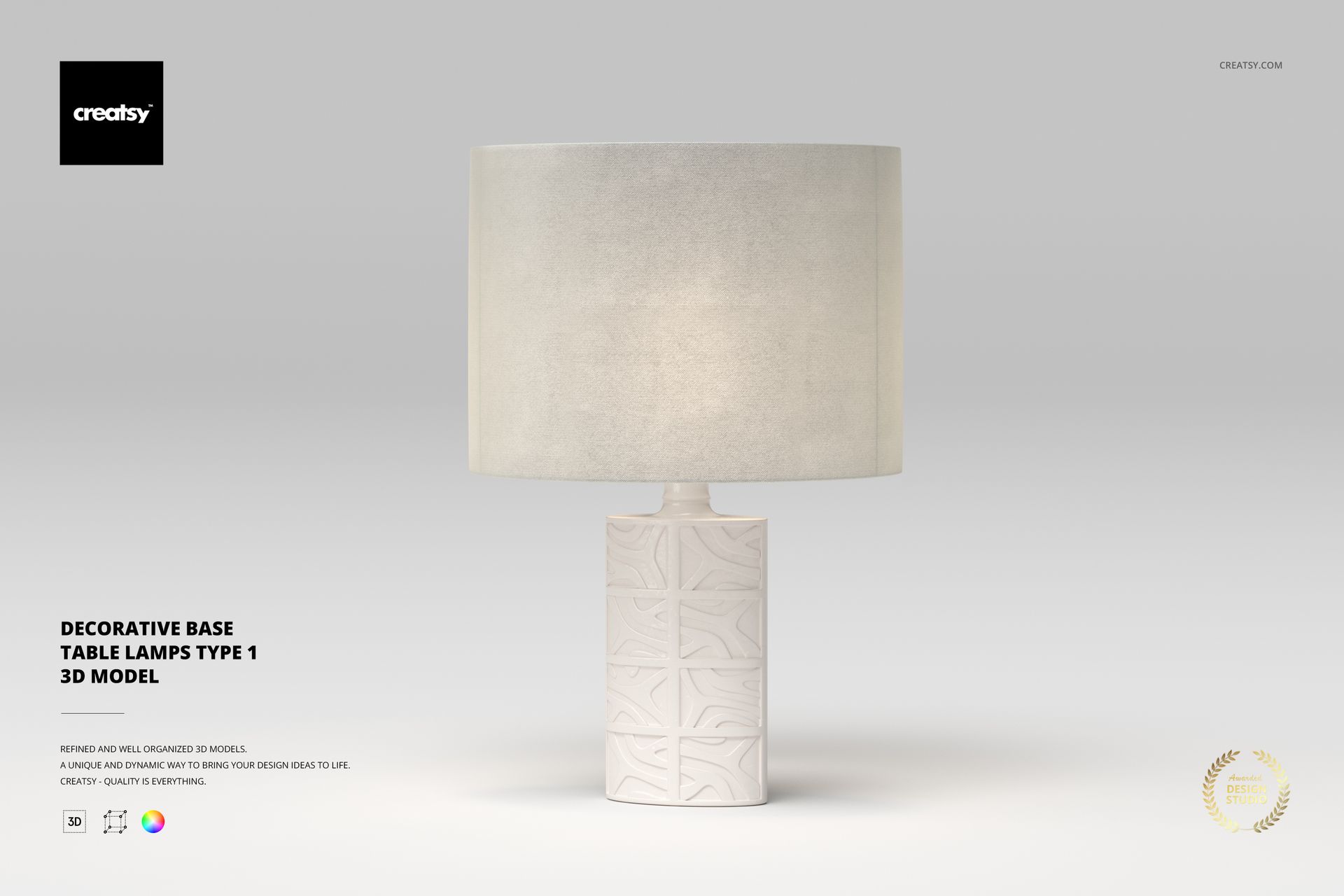 Front view of a decorative table lamp with a textured white cylindrical base and a plain light fabric lampshade on a neutral background.