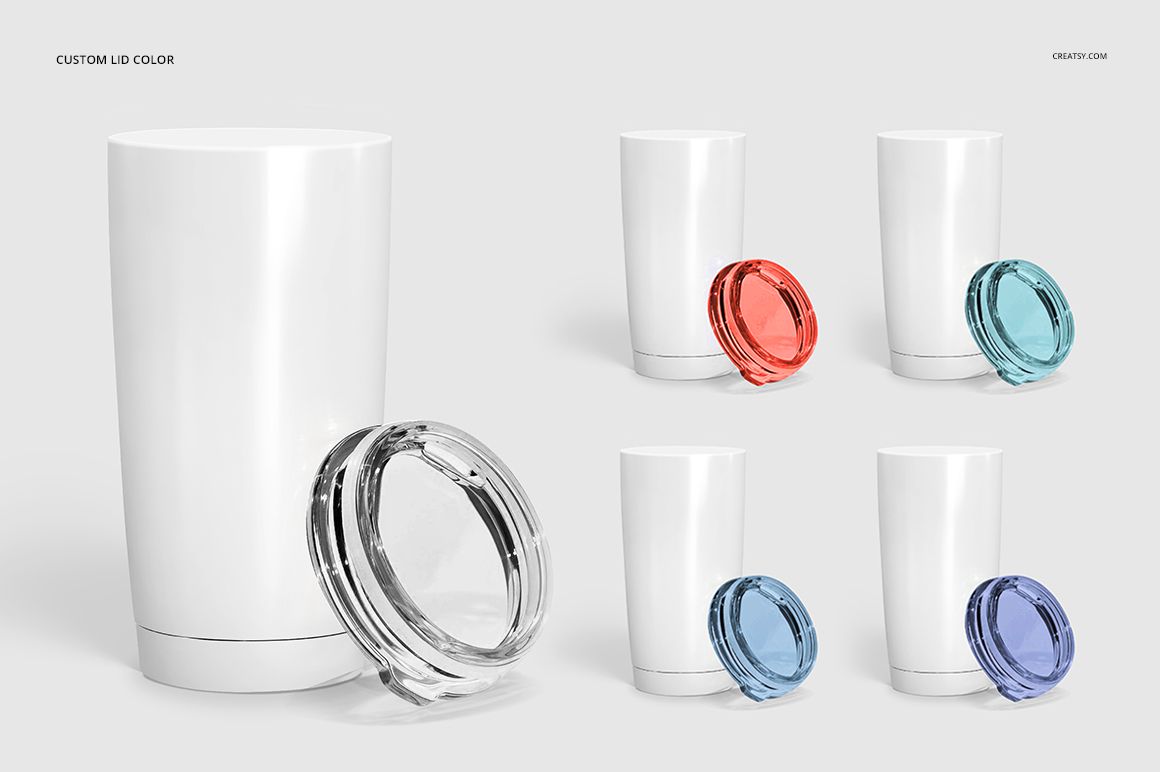 Front view of white powder coated tumbler with transparent lid, shown alongside variants with colored lids on a light background.