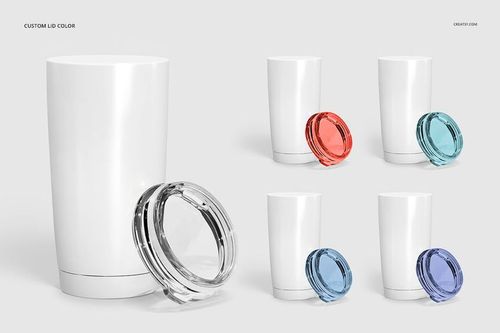 Front view of white powder coated tumbler with transparent lid, shown alongside variants with colored lids on a light background.