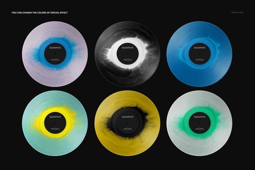 PSD mockup displaying six vinyl records with unique splatter effects in various colors, shown from a top perspective.
