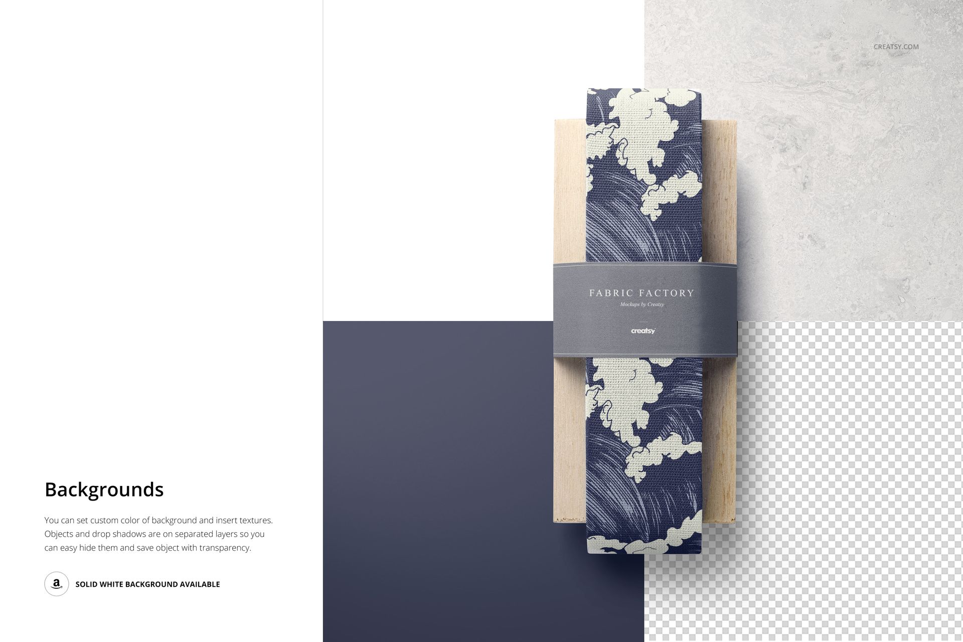 Wide cotton ribbon with abstract navy and cream pattern, wrapped around a rectangular cardboard, top view mockup scene.