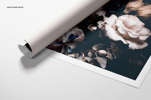 Close-up of a rolled canvas print mockup with a detailed flower pattern, displayed on a clean white background.