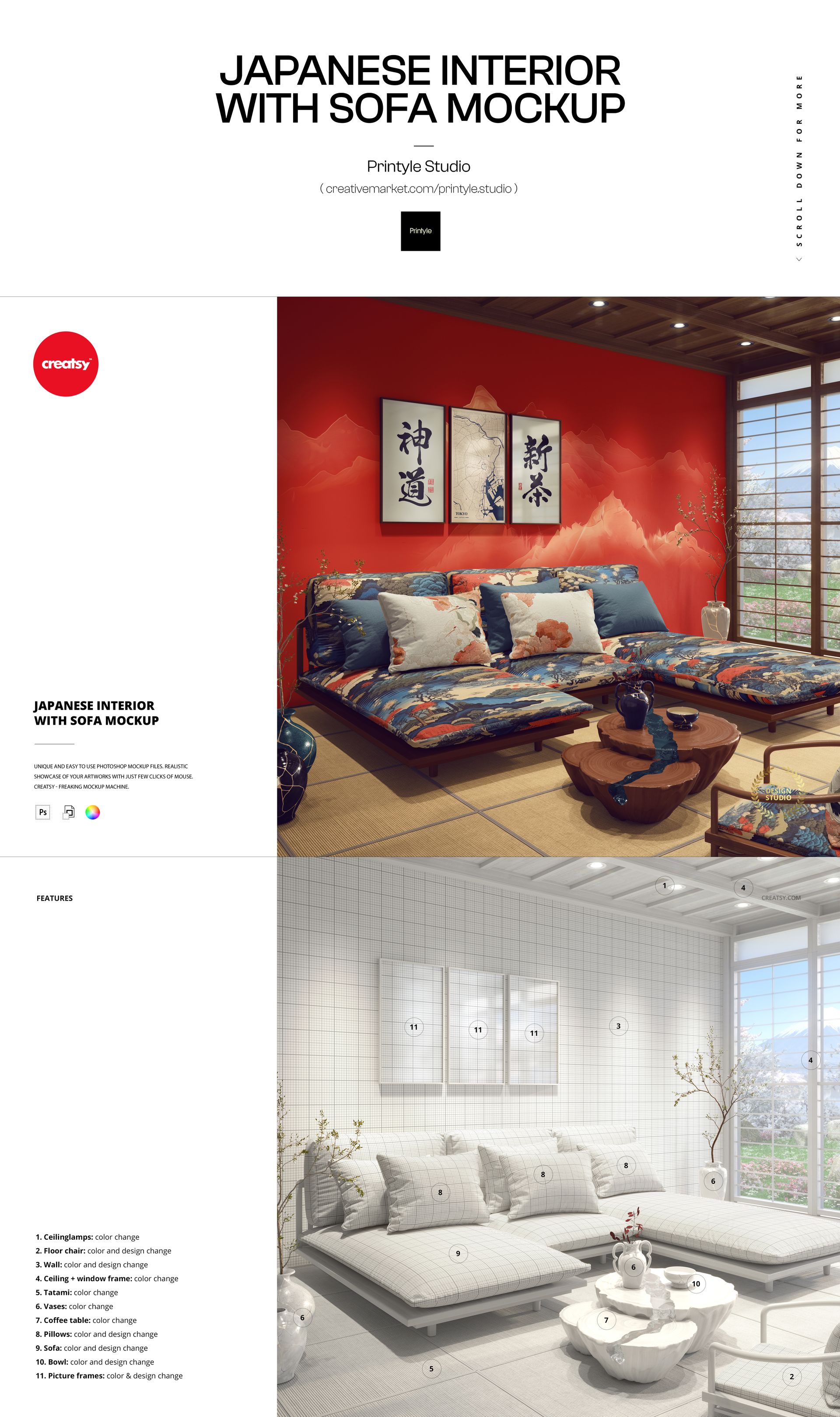 Japanese-inspired living room mockup with patterned sofa upholstery and wall art, shown from a front angle.