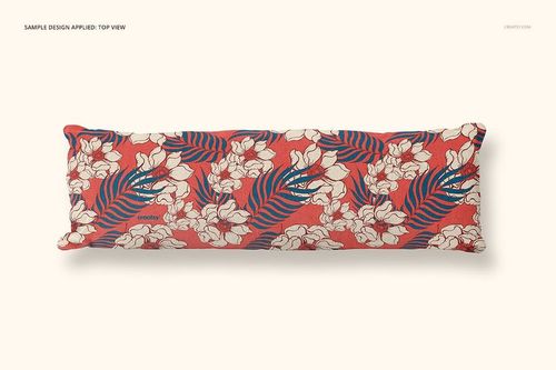 PSD mockup of a long pillow with a bold floral and leaf design in red, white, and blue, seen from above.