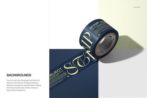 Front view of a wide masking tape roll mockup, partially unrolled on a two-tone background with elegant lettering.