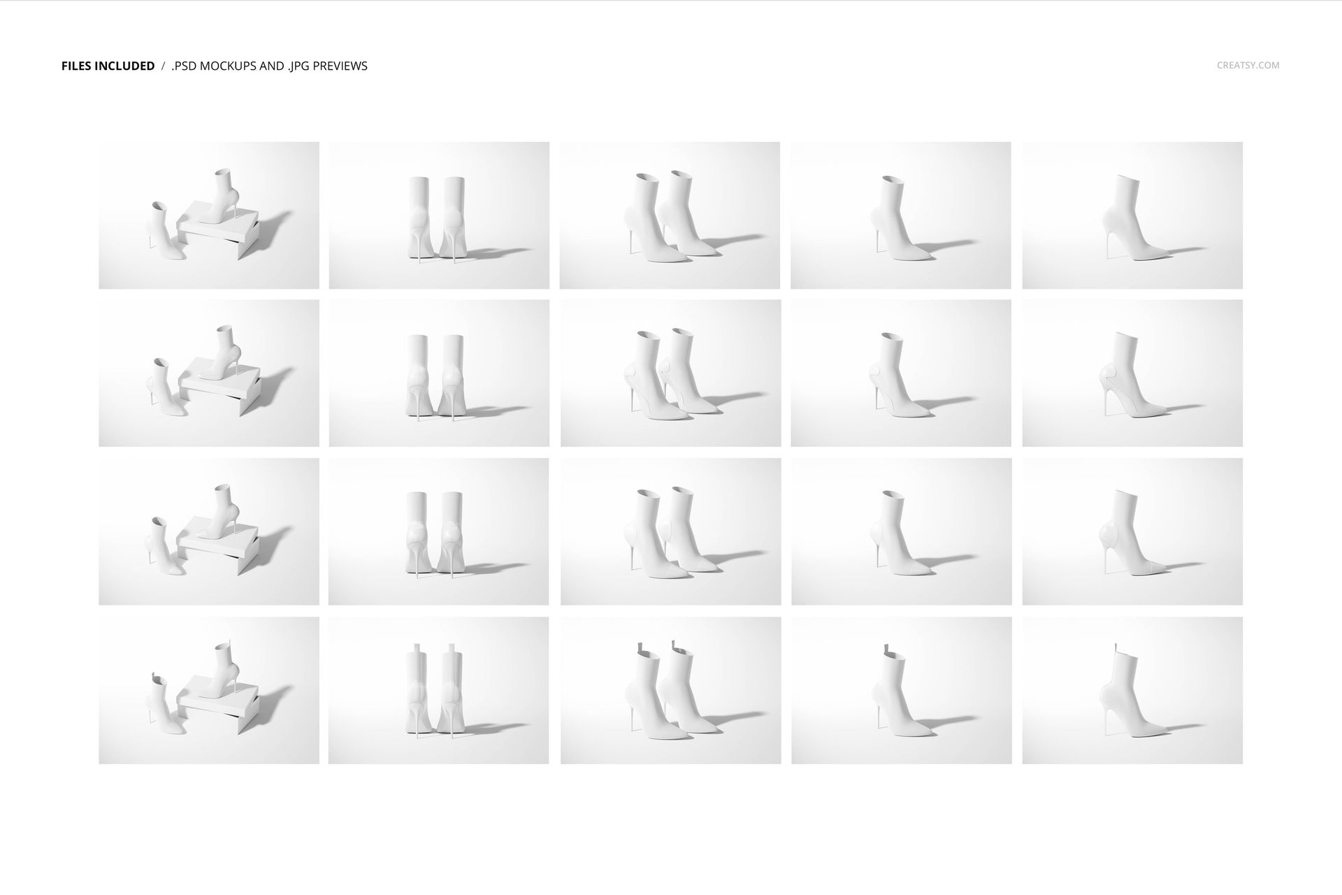 Set of fabric ankle boots mockup in various angles and positions, displayed on a plain white background with soft shadows.