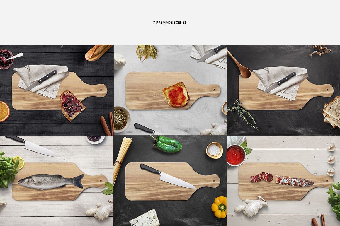Rectangular engraved wooden board mockup shown in six scenes with various foods, knives, and natural backgrounds.