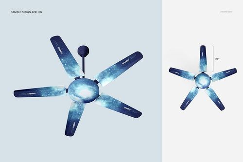 Ceiling fan mockup with five blades, featuring a blue galaxy pattern, shown from a front view on a light background.