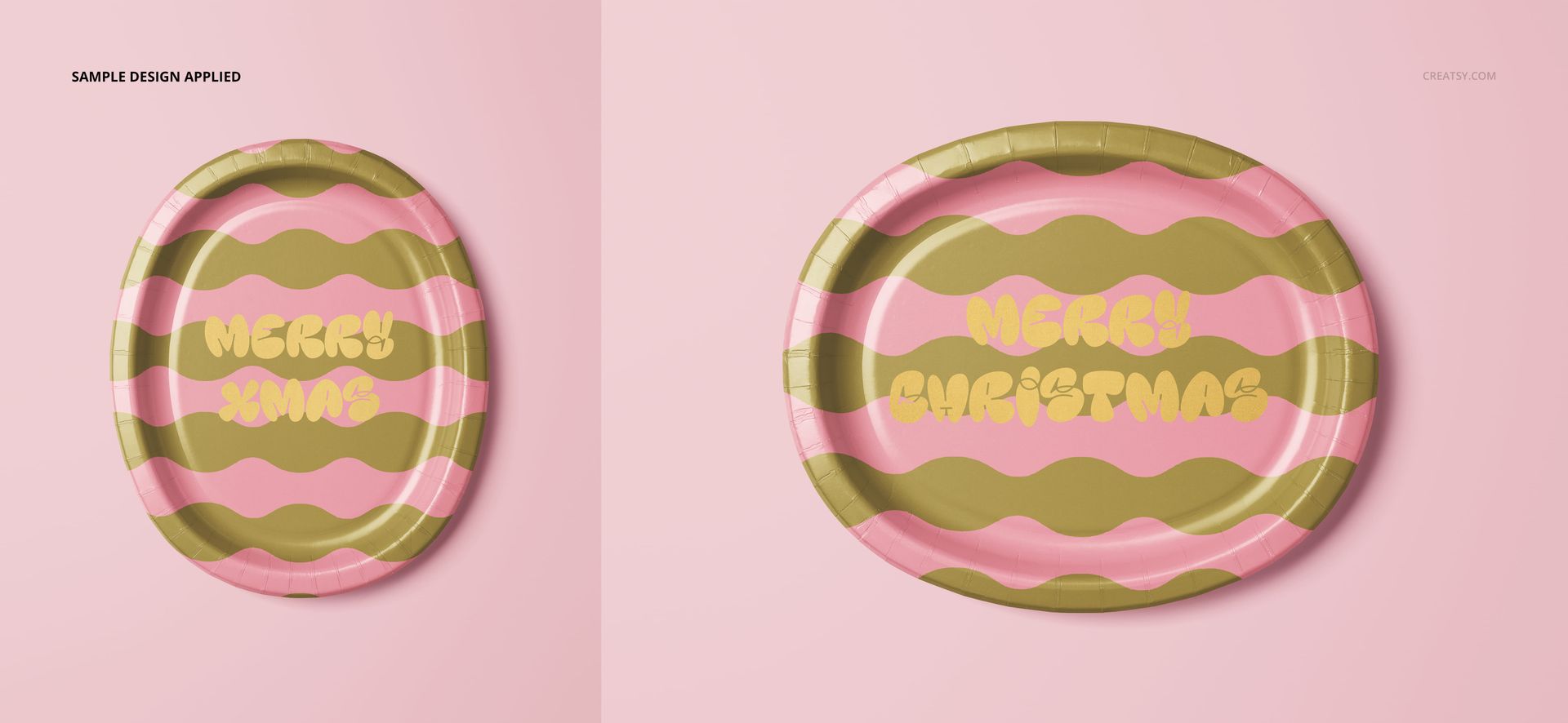 Mockup of oval paper platters featuring playful green and pink stripes, presented from above on a pastel pink backdrop.