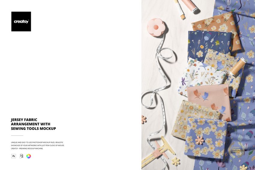 Jersey Fabric Arrangement with Sewing Tools Mockup - mockup screenshot 1