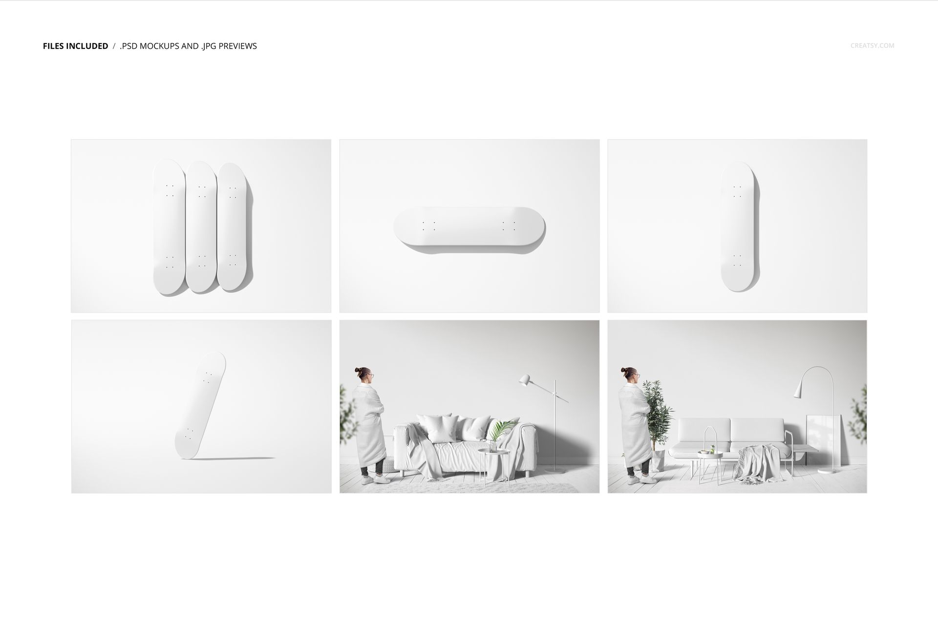 PSD mockup featuring blank skateboard decks in different positions, with a white living room and minimal furnishings.