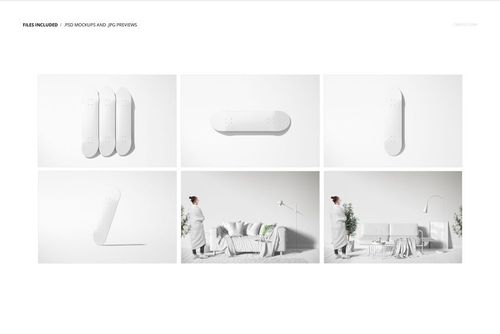 PSD mockup featuring blank skateboard decks in different positions, with a white living room and minimal furnishings.
