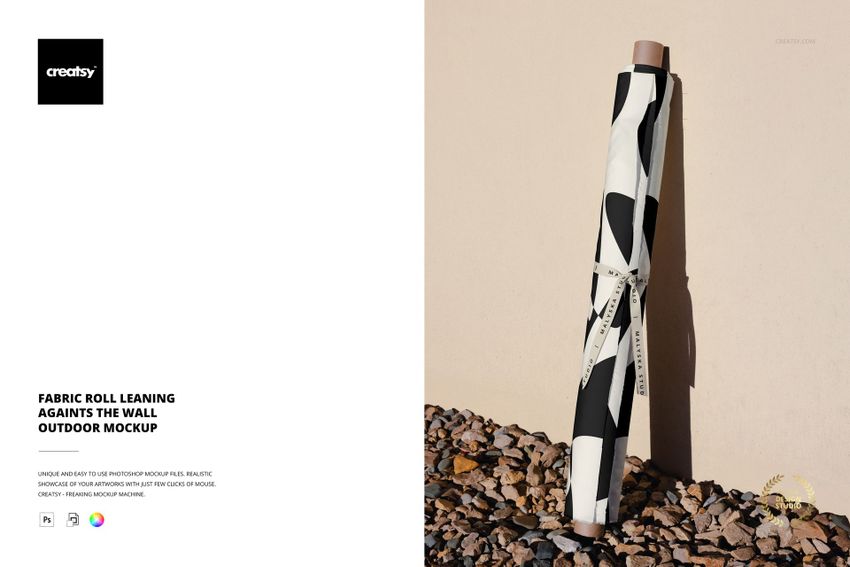 Fabric Roll Leaning Against the Wall Outdoor Mockup - mockup screenshot 1