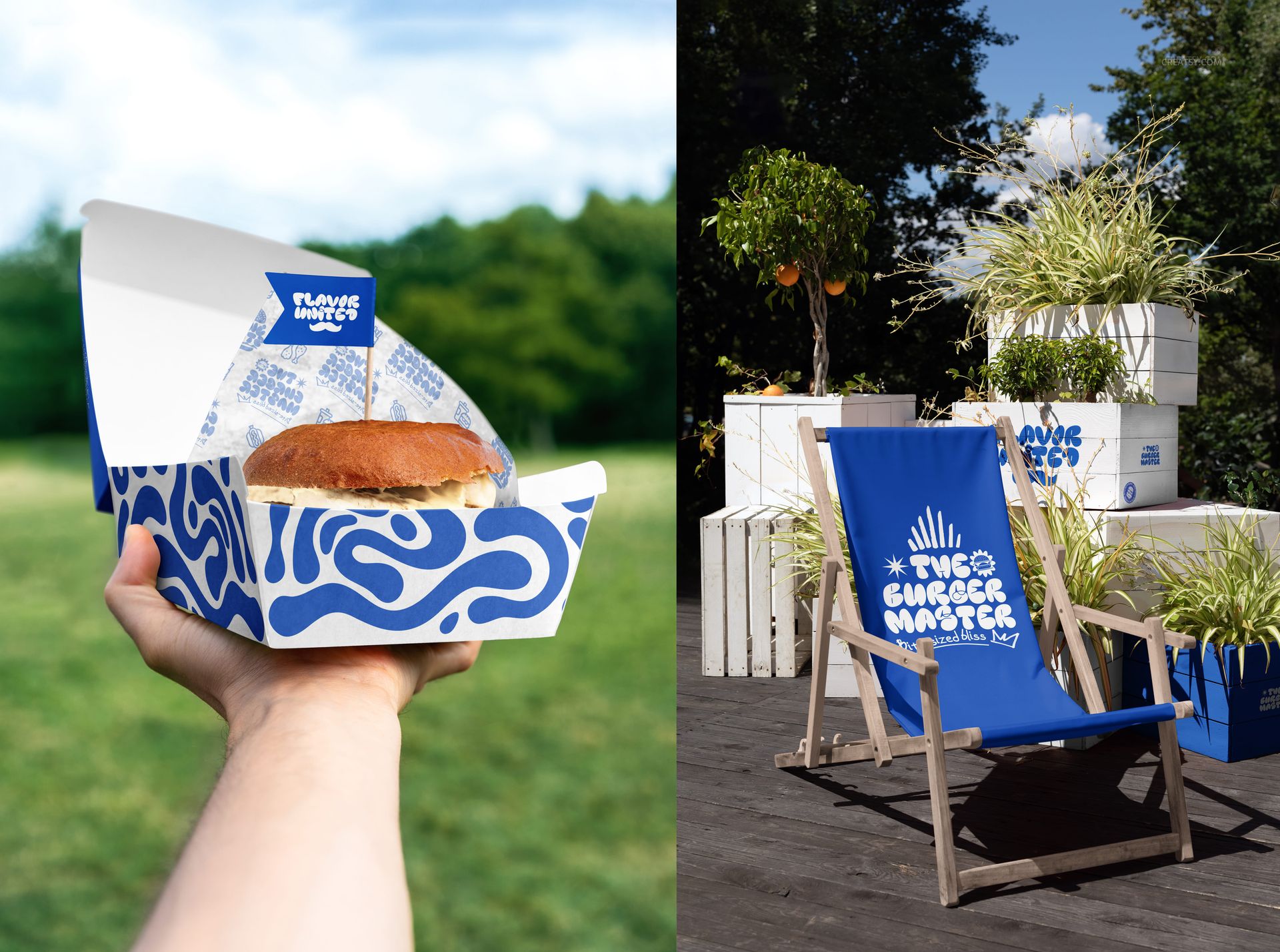 Outdoor scene with blue and white branded PSD mockup elements, including a burger box and a deck chair among plants.