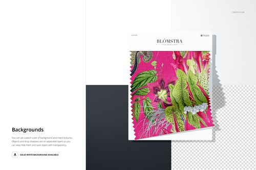 Fabric swatch mockup featuring a vibrant pink floral pattern, displayed at an angle on a layered background.