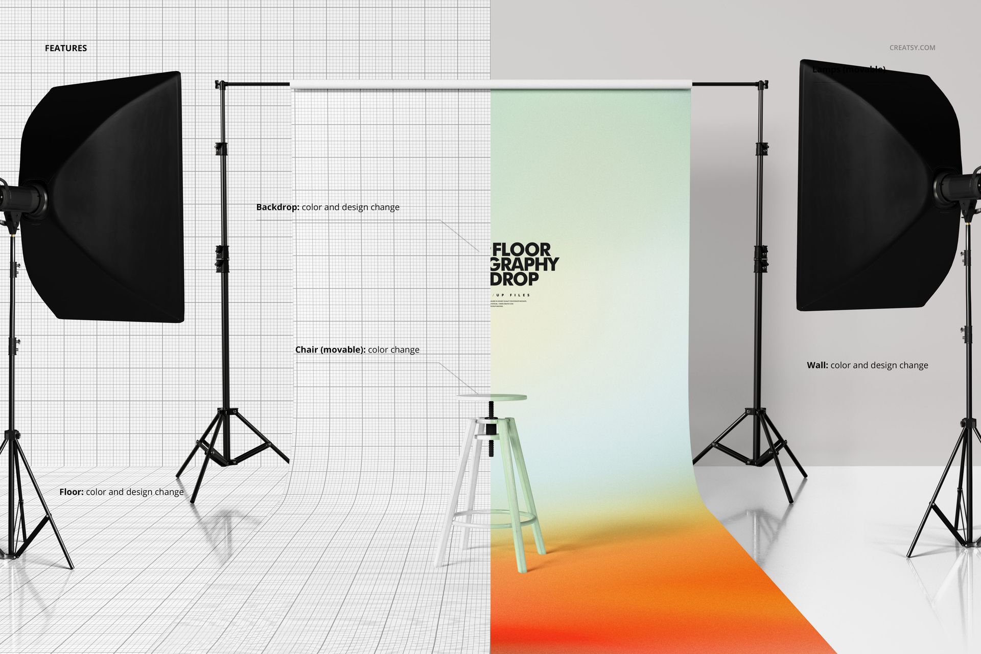 Roll-up photography backdrop mockup set featuring two studio lighting setups and a gradient backdrop, front view.