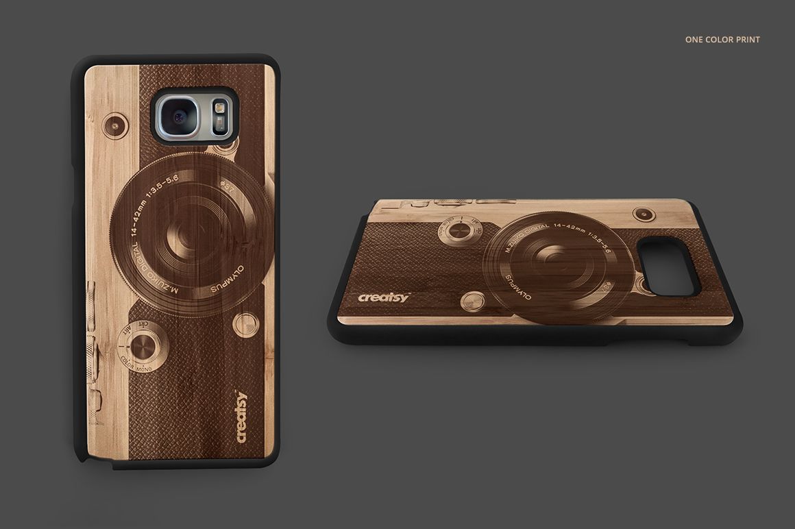 Mockup of a wooden phone case with engraved camera pattern, displayed on a neutral gray background, two perspectives.