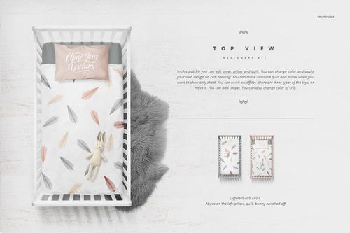 Top view of a crib bedding mockup with white sheets featuring pastel leaf patterns, a pillow, and a plush bunny toy.