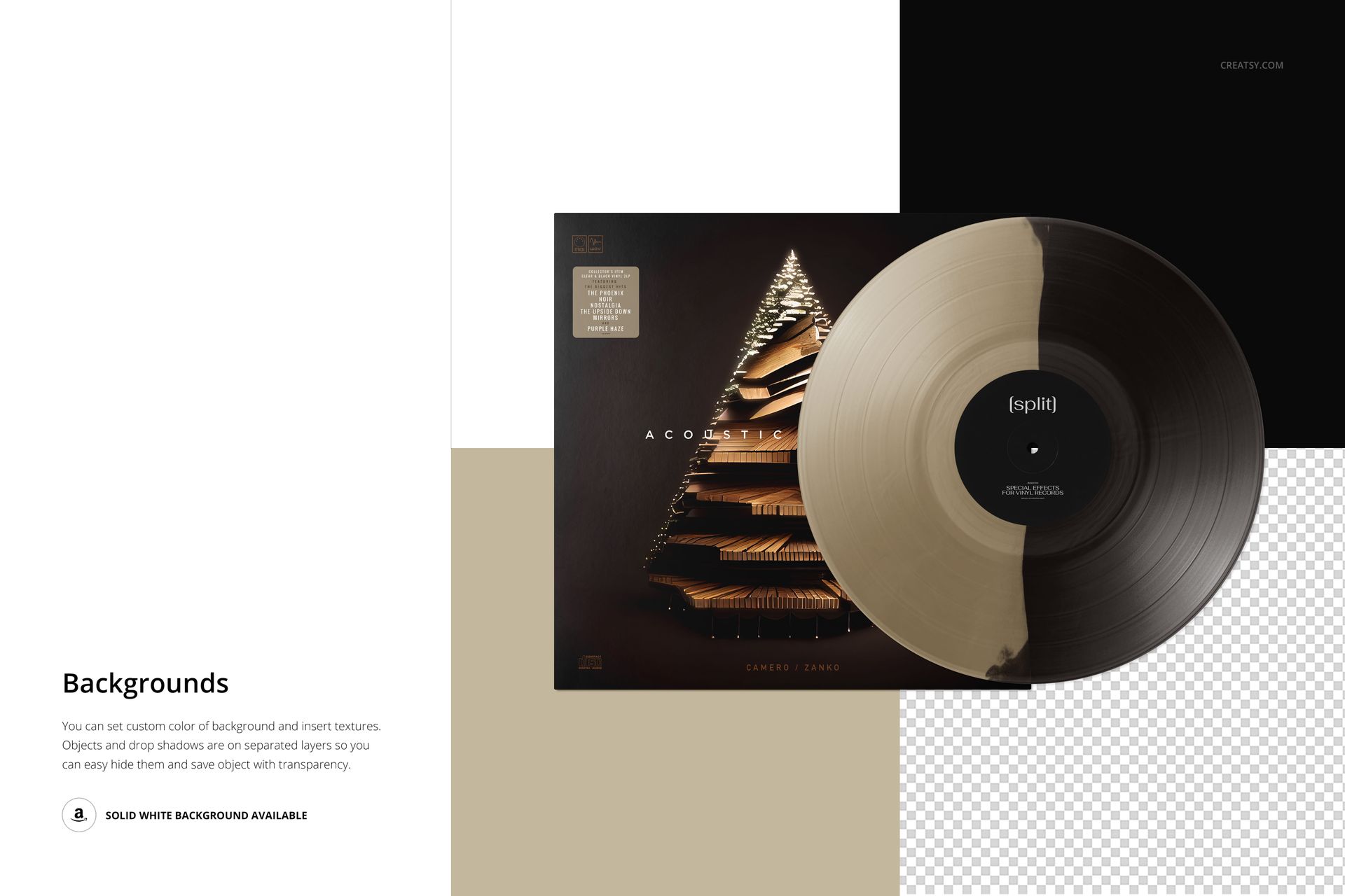 Front view of a vinyl record and cover mockup with split effect, featuring geometric gold and black artwork on a neutral background.
