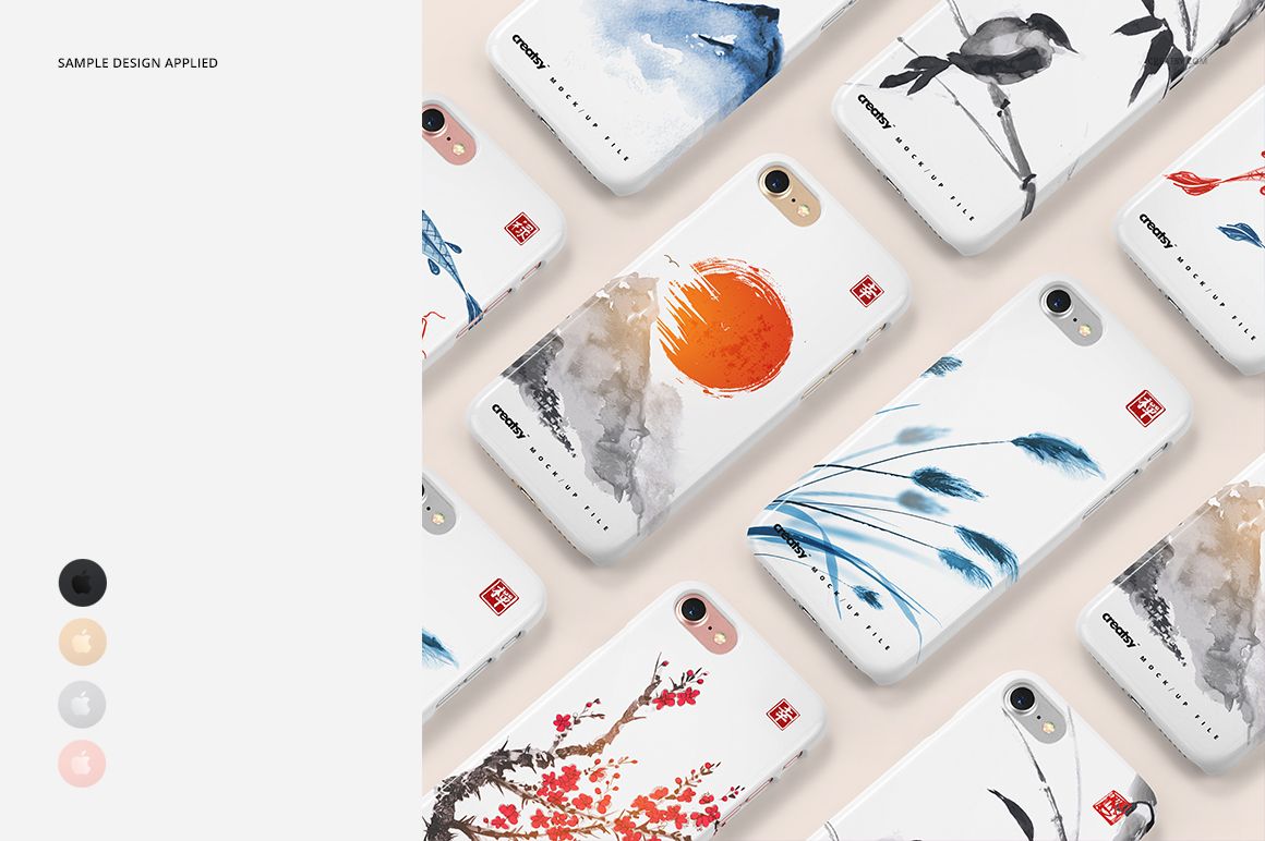 PSD mockup set showing iPhone 7 plastic cases with various abstract and botanical designs in soft, muted colors.