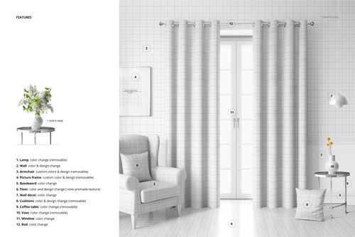 Front view of velvet eyelet curtains mockup in a bright room with a grid wall, armchair, and side table with a plant.