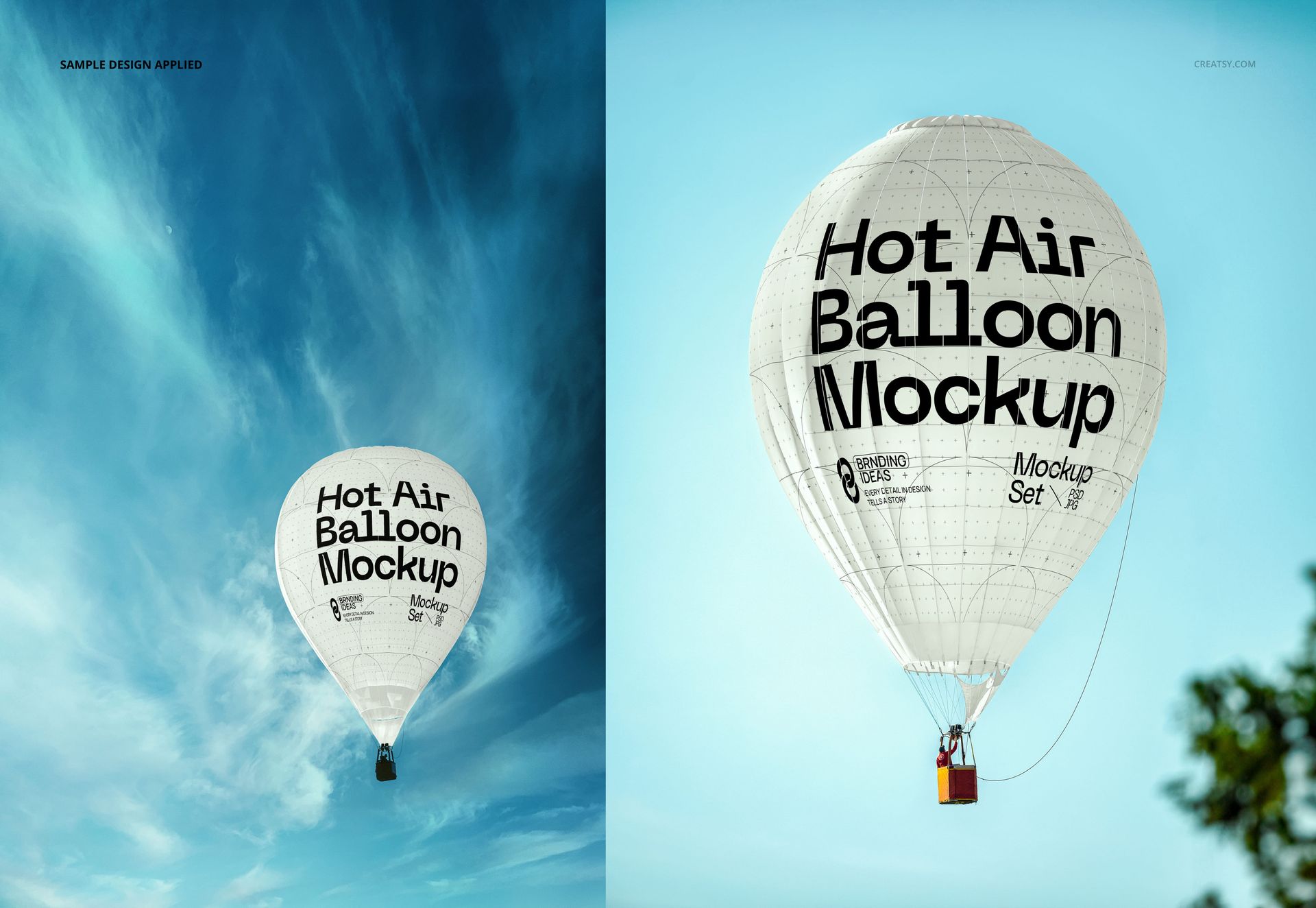 Hot air balloon PSD mockup featuring a white balloon with black lettering, set outdoors under a bright blue sky.
