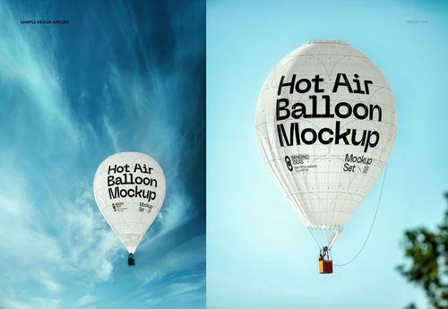 Hot air balloon PSD mockup featuring a white balloon with black lettering, set outdoors under a bright blue sky.