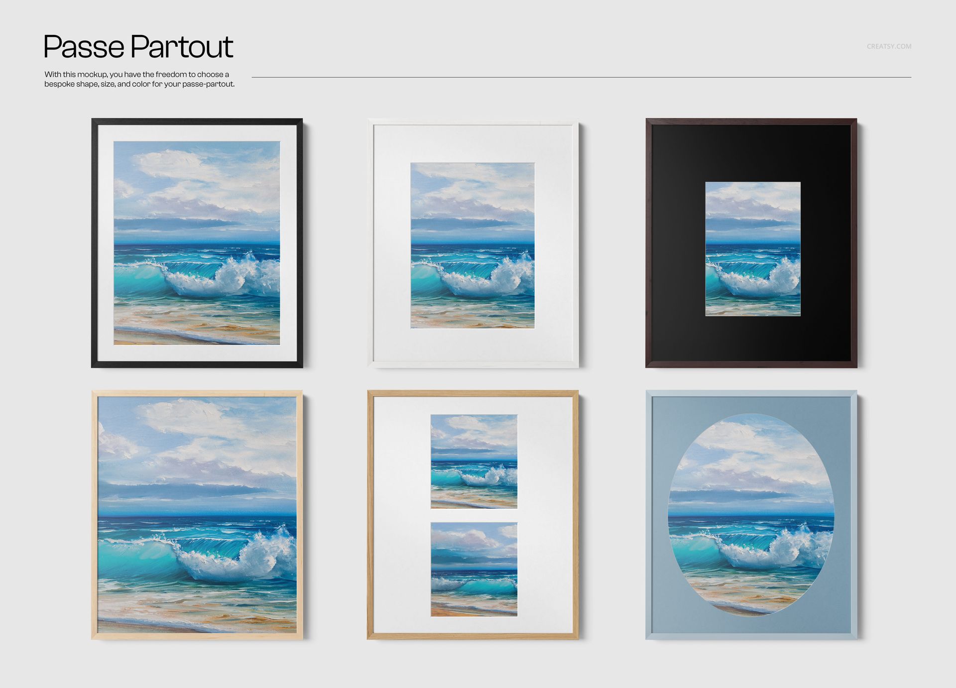 Closeup view of six solid wooden frame mockups displaying ocean wave prints in various shapes and mat colors.