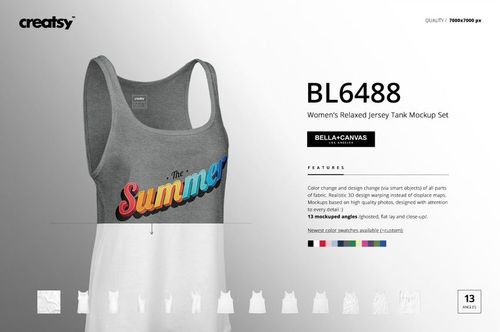 Front view of a women's relaxed jersey tank mockup with gray upper section and white lower section, featuring a colorful summer-themed print.