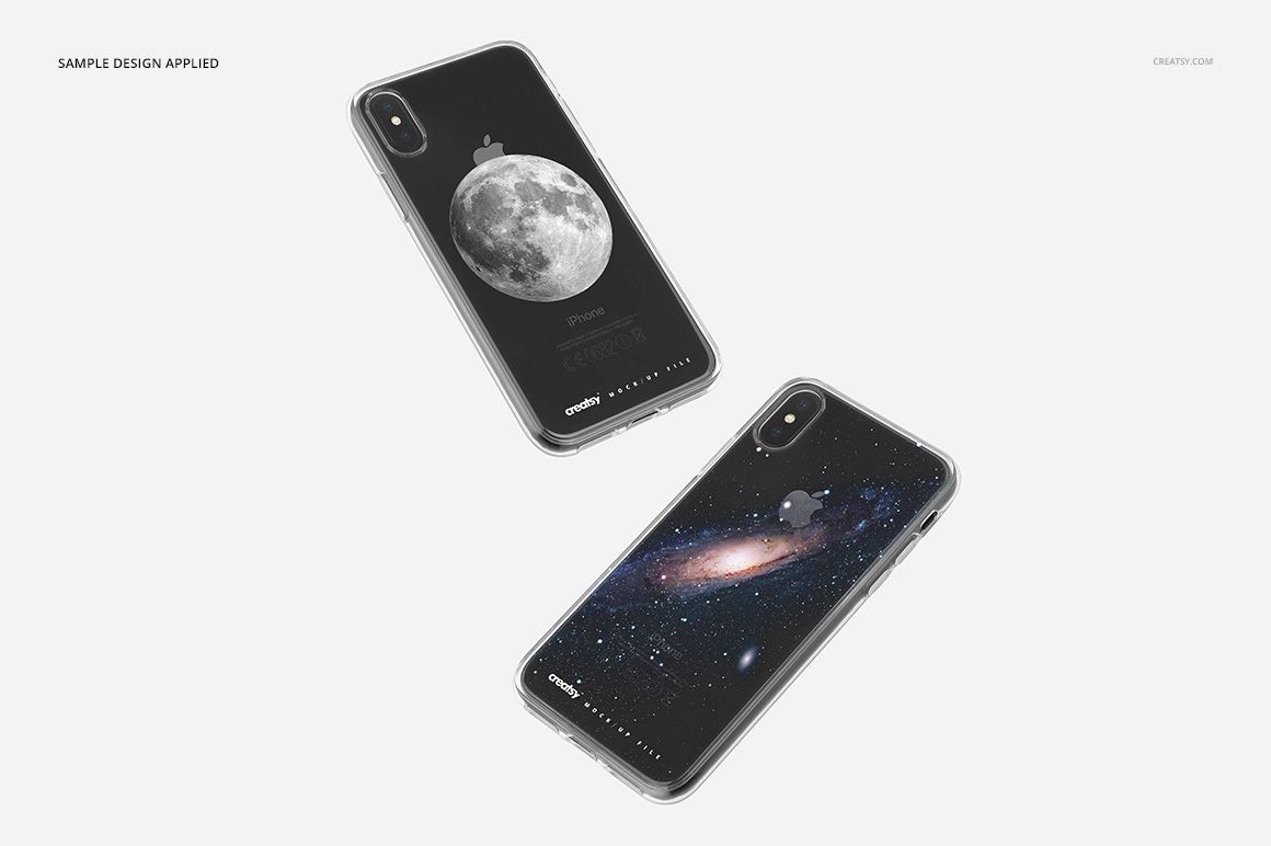 iPhone X clear case mockup set featuring black phones, shown with cosmic-themed designs on a plain white backdrop.