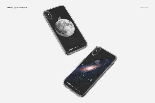 iPhone X clear case mockup set featuring black phones, shown with cosmic-themed designs on a plain white backdrop.