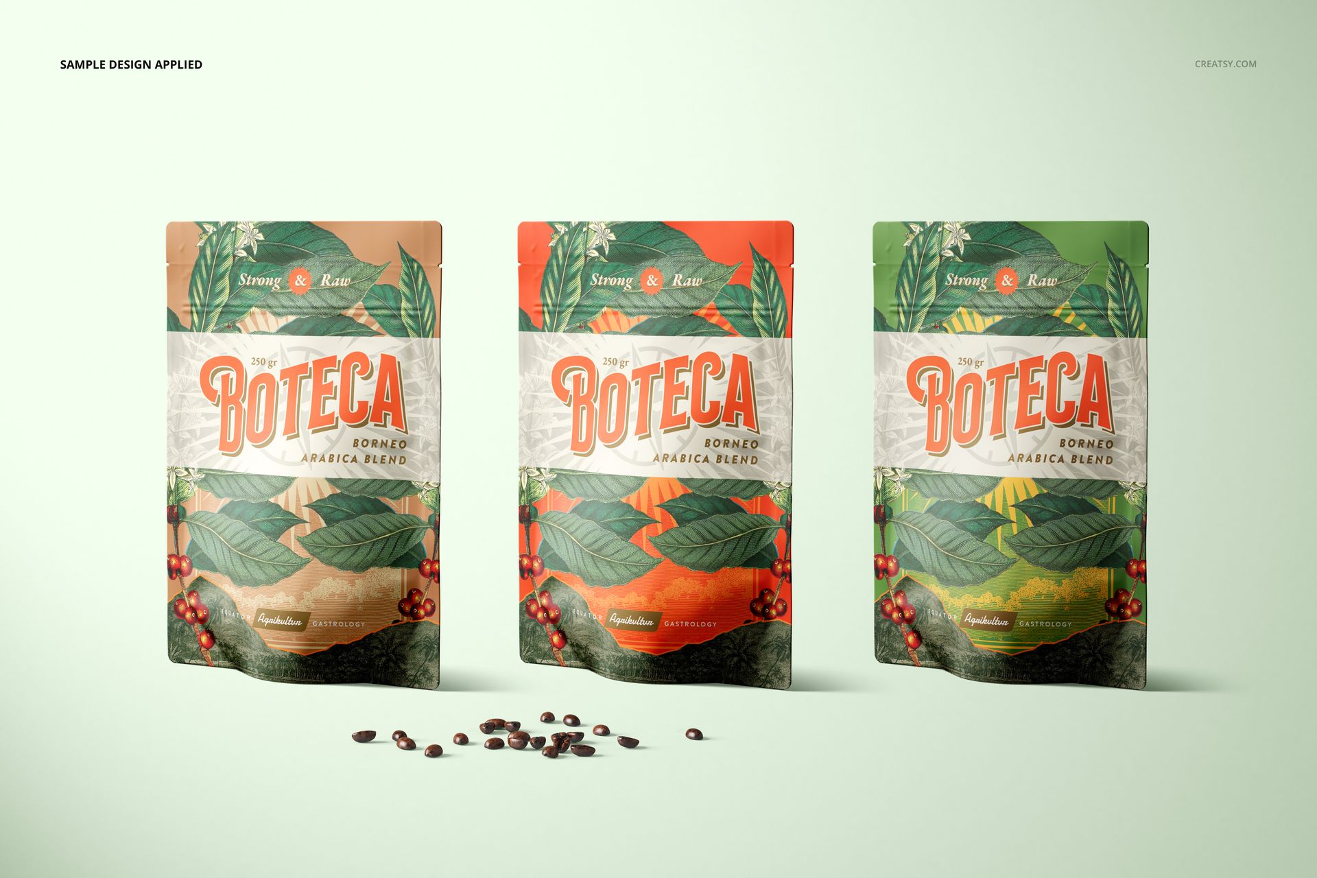 Three upright doypack bag pouches with botanical and coffee motifs, shown in a PSD mockup scene with scattered beans.