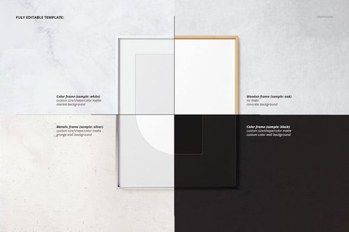 Front view of a thin picture frame mockup set with four frame styles on divided backgrounds, each quadrant showing a different color and material.