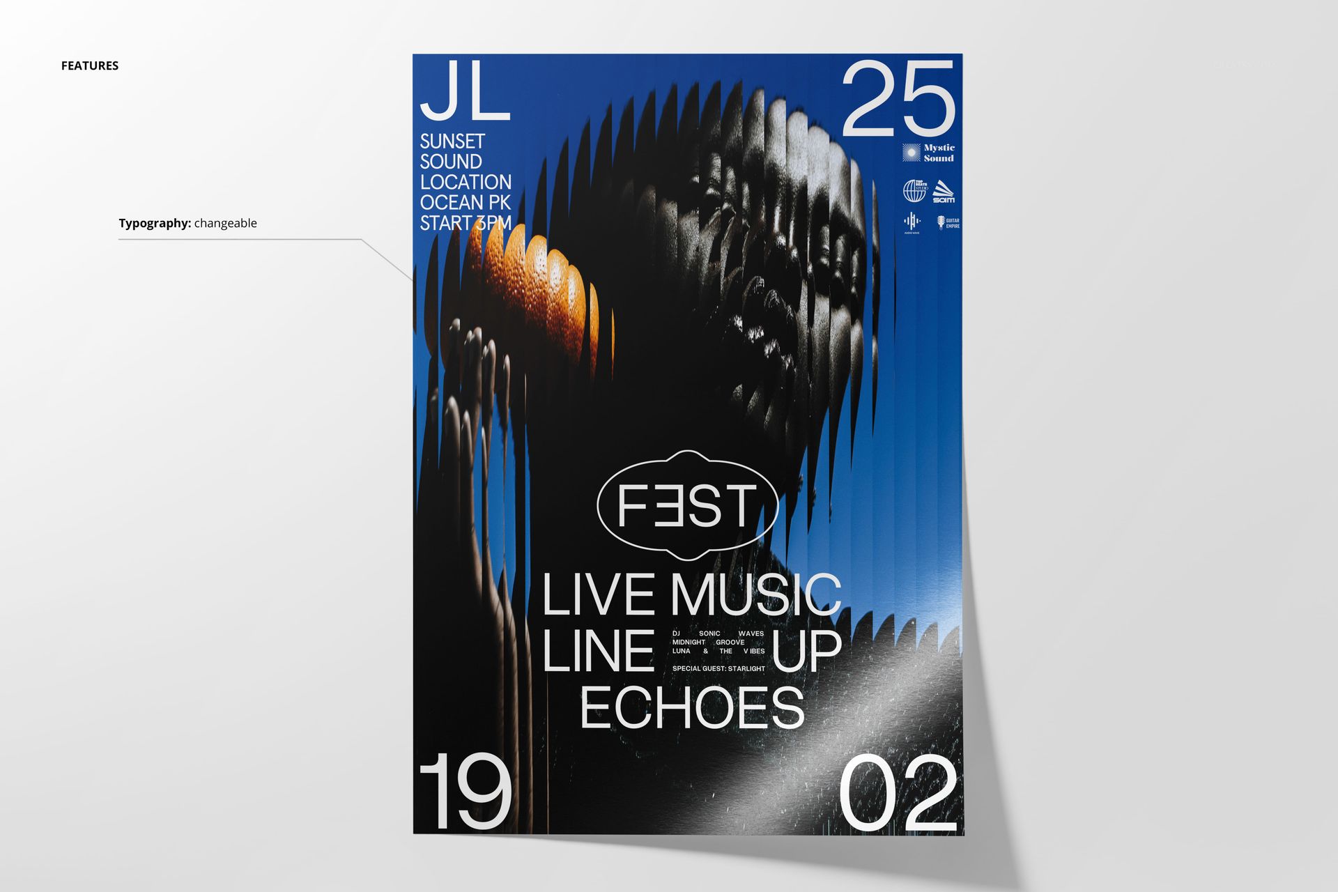 Front view of a music event poster mockup with wave-like graphic elements and bold white text on a blue and black design.