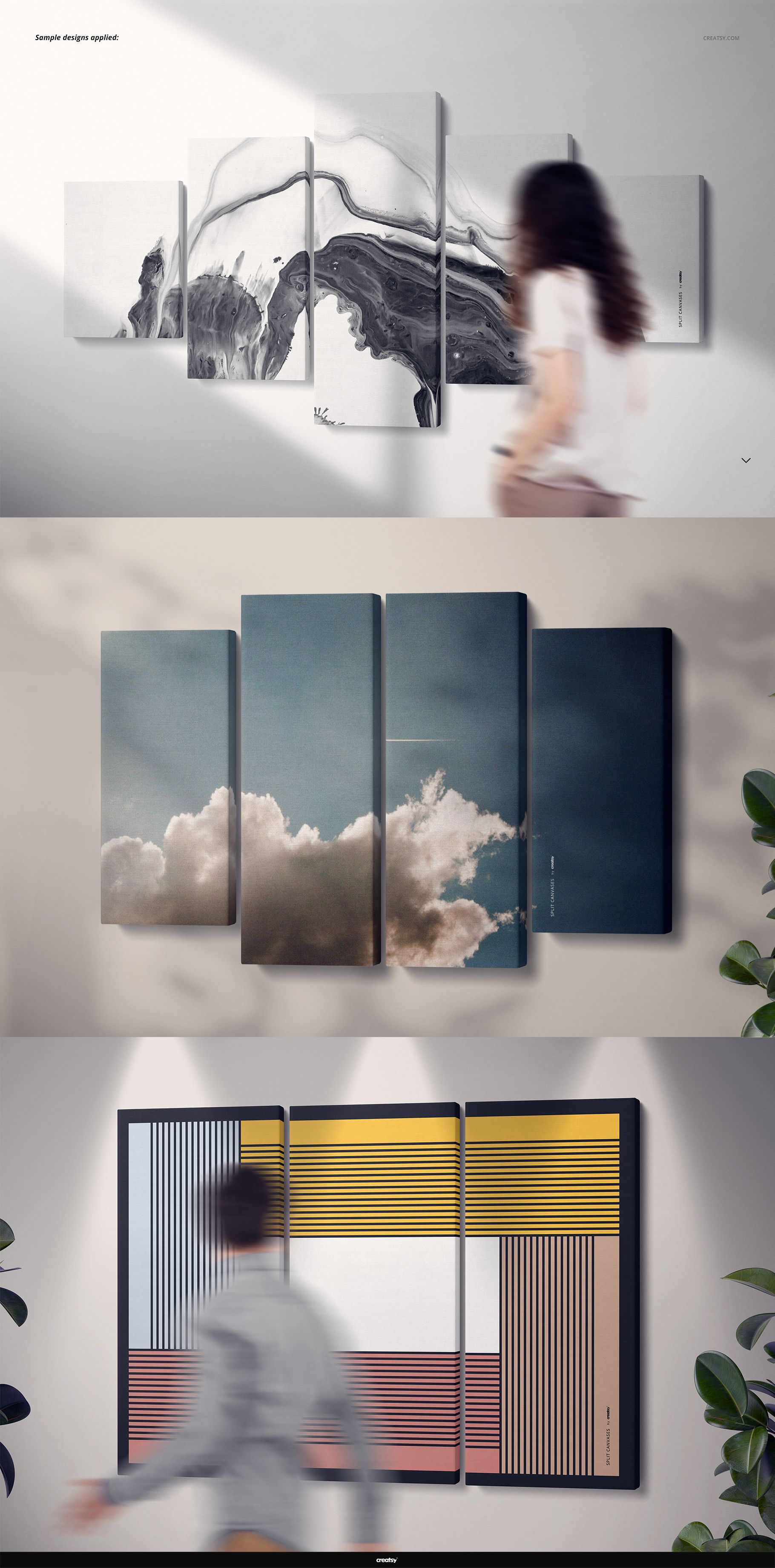 Wall art mockup showing three different split canvas prints in various styles, viewed from the front with people and plants.
