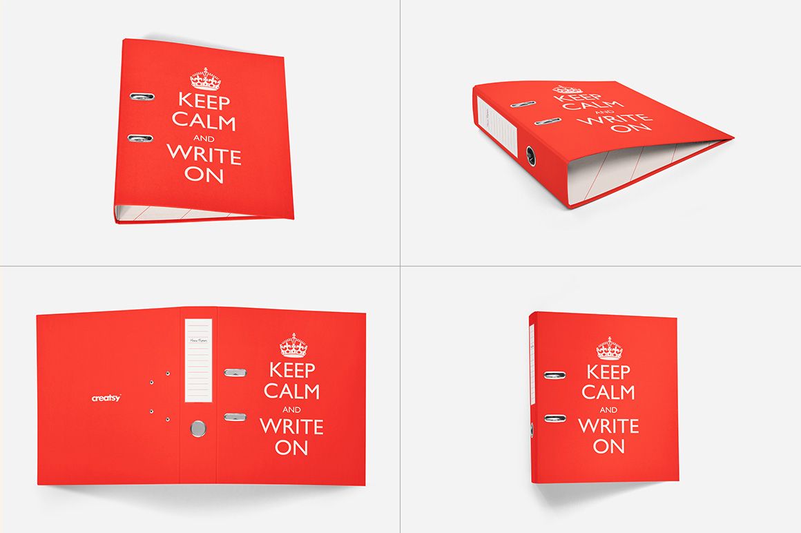 Red binder mockup with white text, shown from four different angles on a white background in a stationery scene.