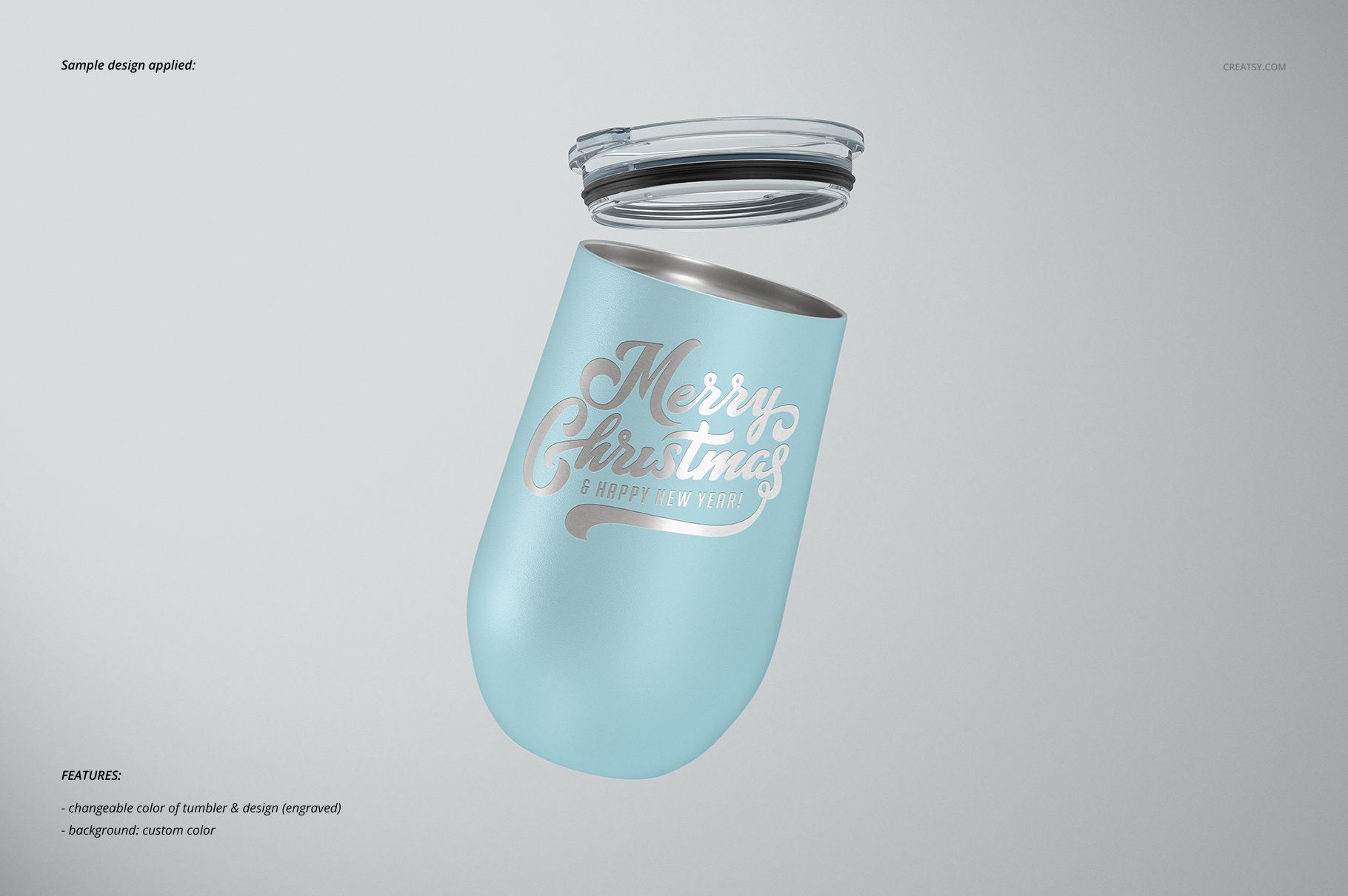 Stemless wine cup mockup with a light blue matte finish and silver lid, featuring a festive Merry Christmas design.
