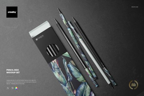 Pencil box mockup featuring a botanical design, displayed alongside several pencils on a black background, top perspective.