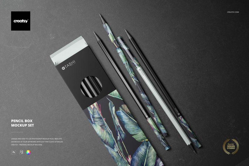 Pencil box mockup featuring a botanical design, displayed alongside several pencils on a black background, top perspective.