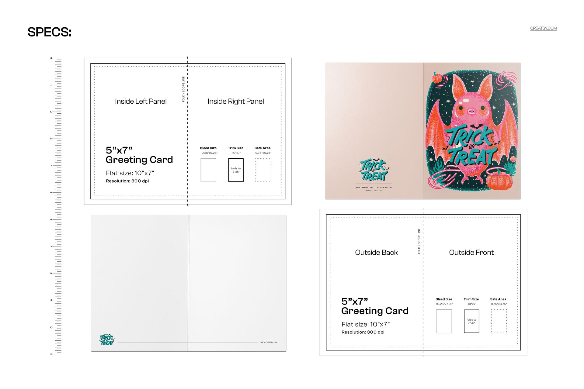 Front and back views of a 5x7 greeting card mockup featuring a vintage Halloween bat with red wings and colorful design.