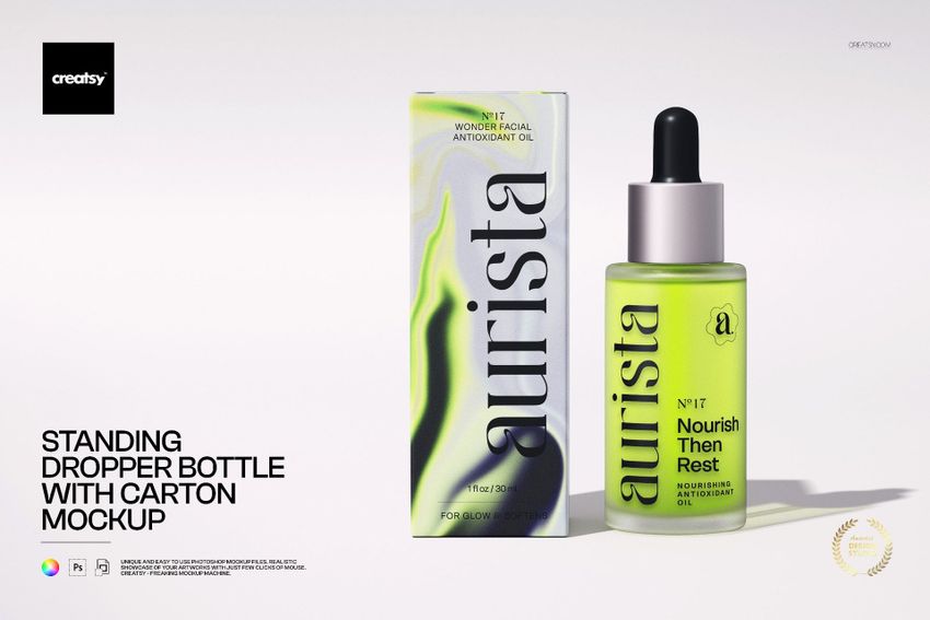 Green dropper bottle with black cap placed next to a carton featuring a similar pattern, cosmetics mockup scene.