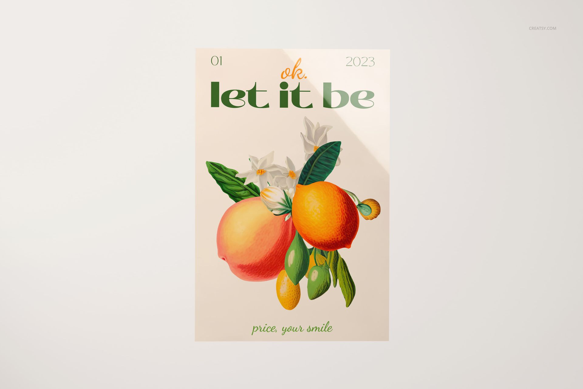 Front view of a glossy PVC poster mockup featuring illustrated citrus fruits and green leaves on a light background.