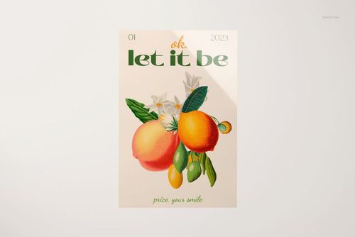 Front view of a glossy PVC poster mockup featuring illustrated citrus fruits and green leaves on a light background.