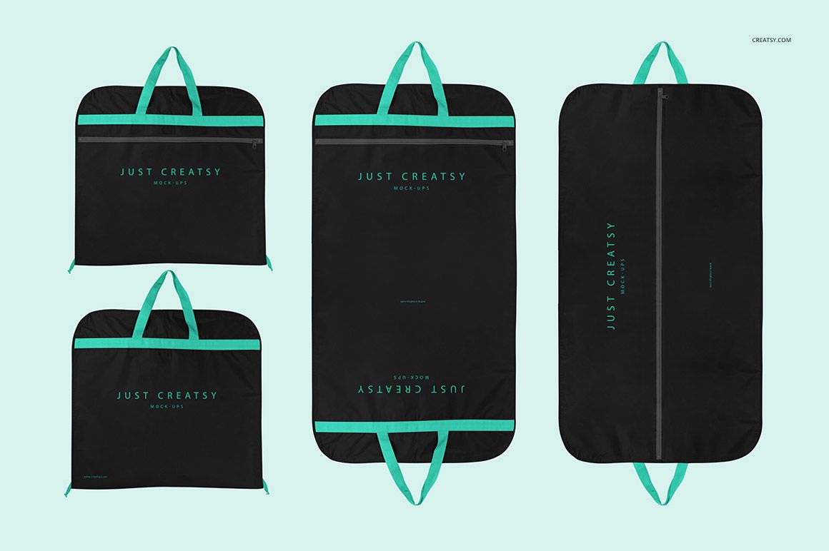 Set of black suit cover mockups featuring teal accents, shown from front and top perspectives on a pale background.
