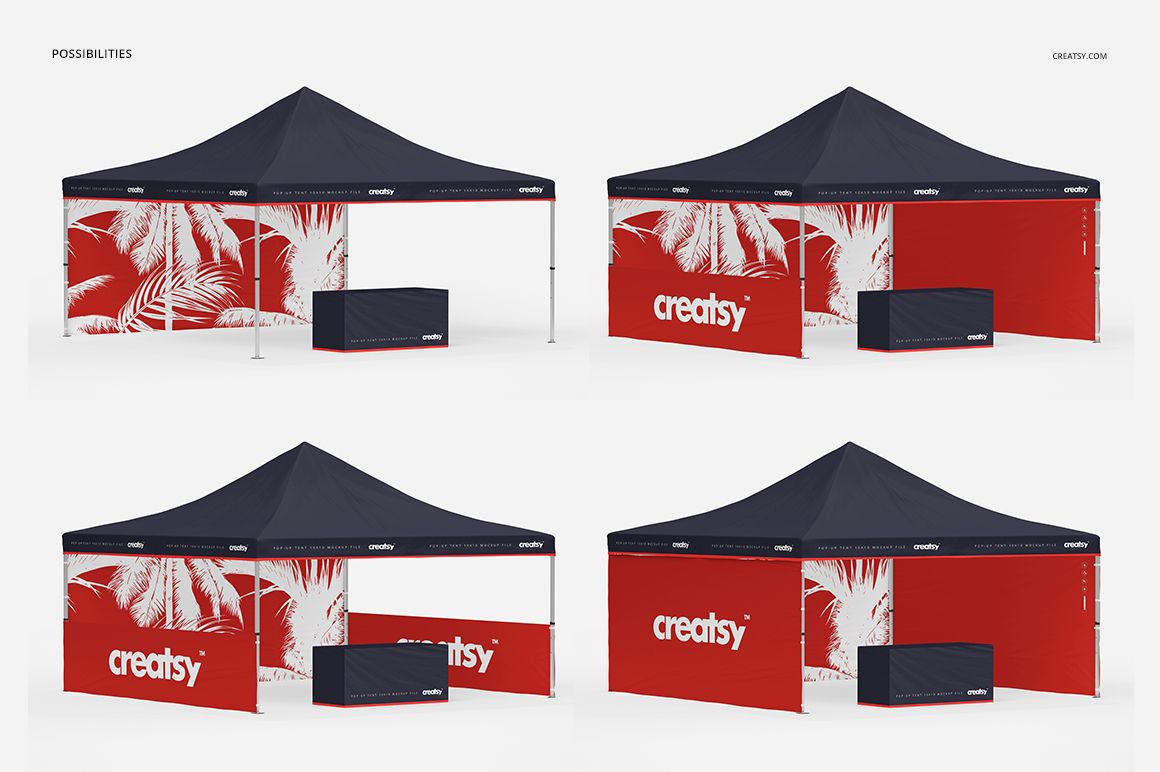 Pop up tent mockup with four variations, featuring red and white panels with palm leaf graphics and dark blue roof.
