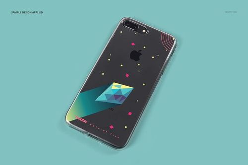 iPhone 8 Plus clear case mockup featuring a vibrant geometric pattern, shown in a top angled view on a blue surface.