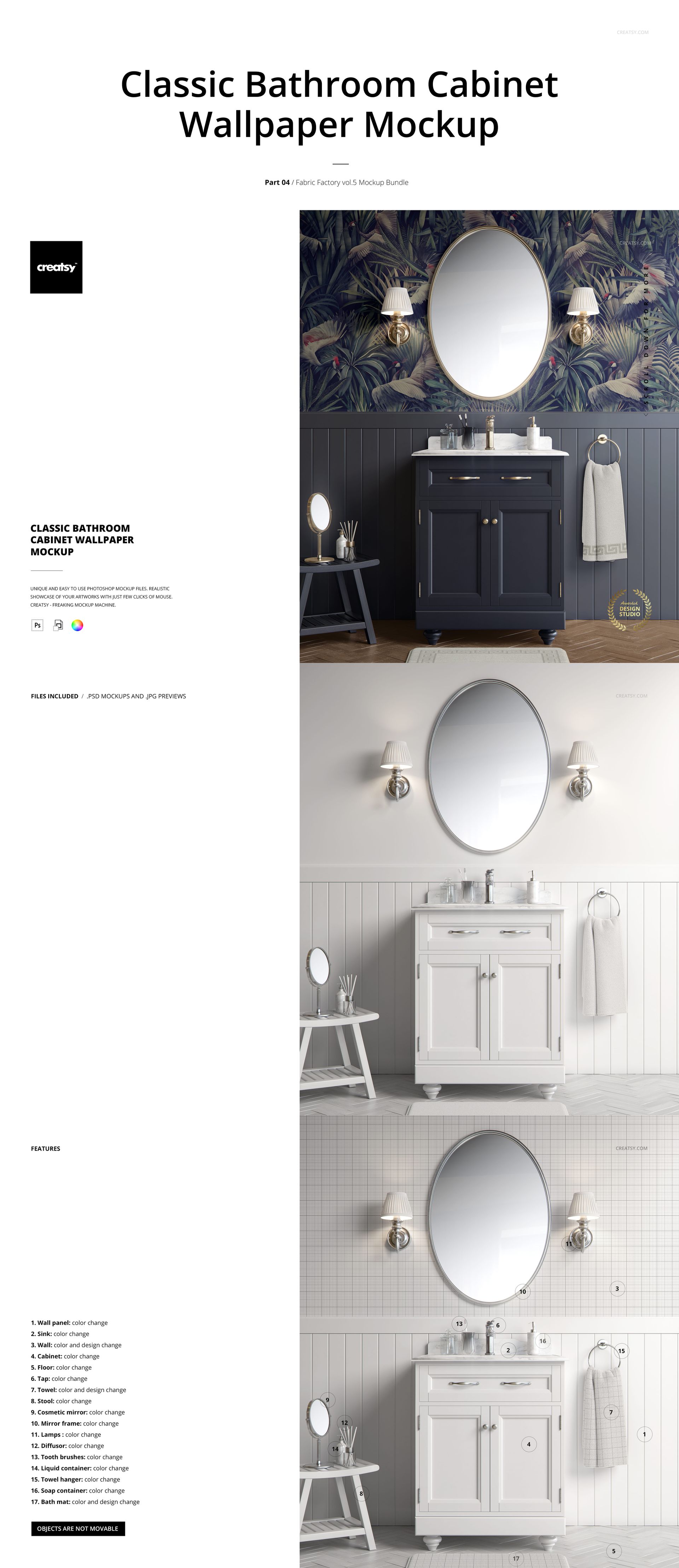Front view of a classic bathroom cabinet mockup with an oval mirror, dark vanity, and decorative wallpaper.